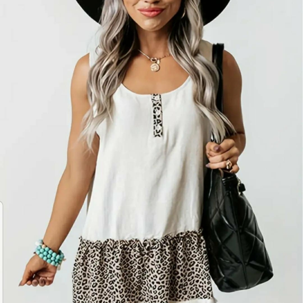 Leopard Trim White Sleeveless Top